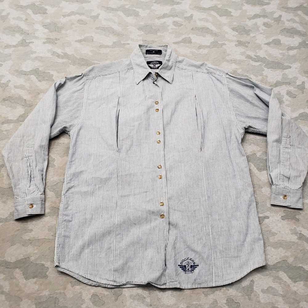 Vintage Levis Dockers Top Womens Medium Blue Striped Long Sleeve Button-Up